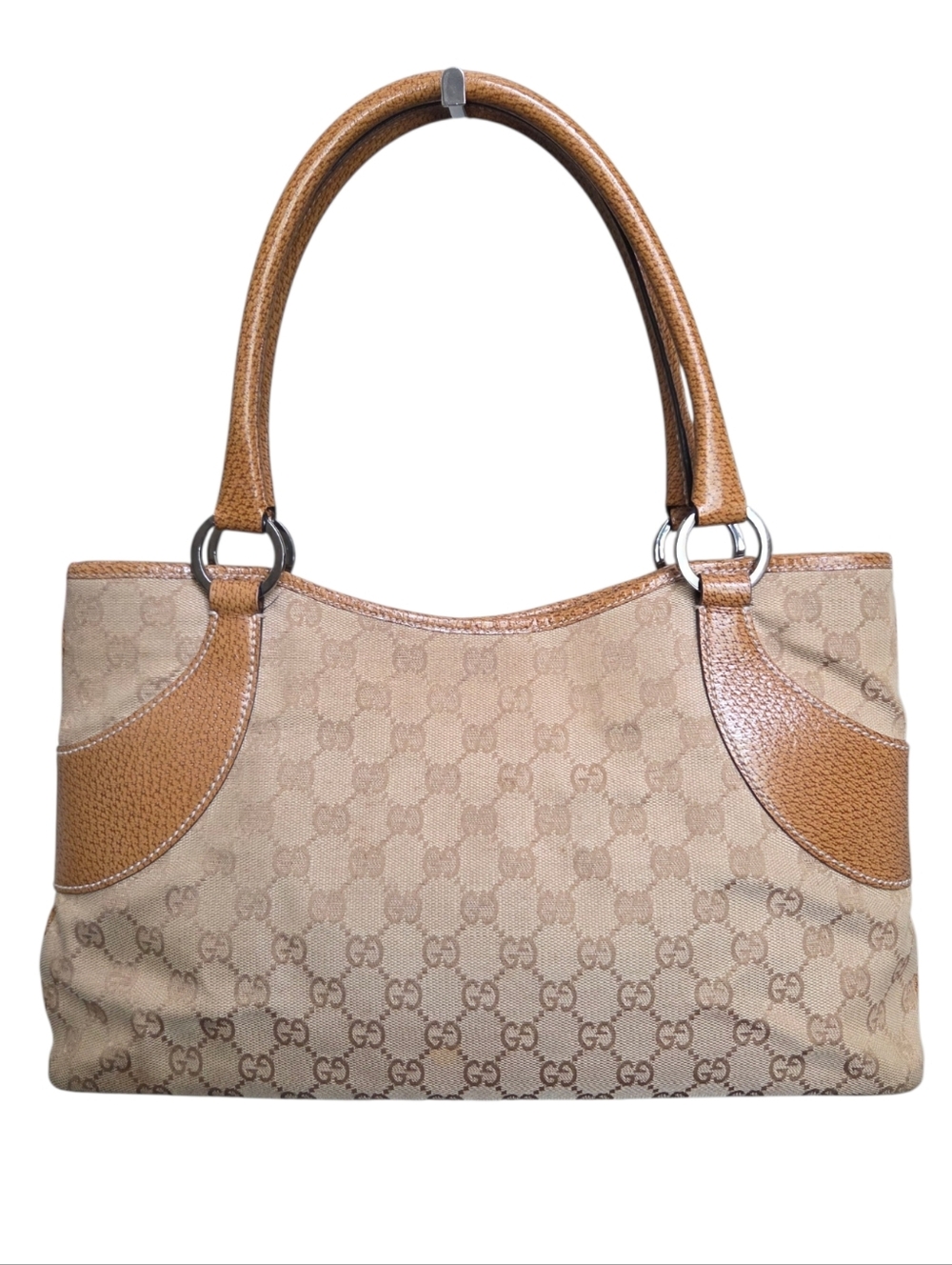 Vintage Gucci GG Canvas Shoulder Bag Beige Monogram Leather Trim 113015